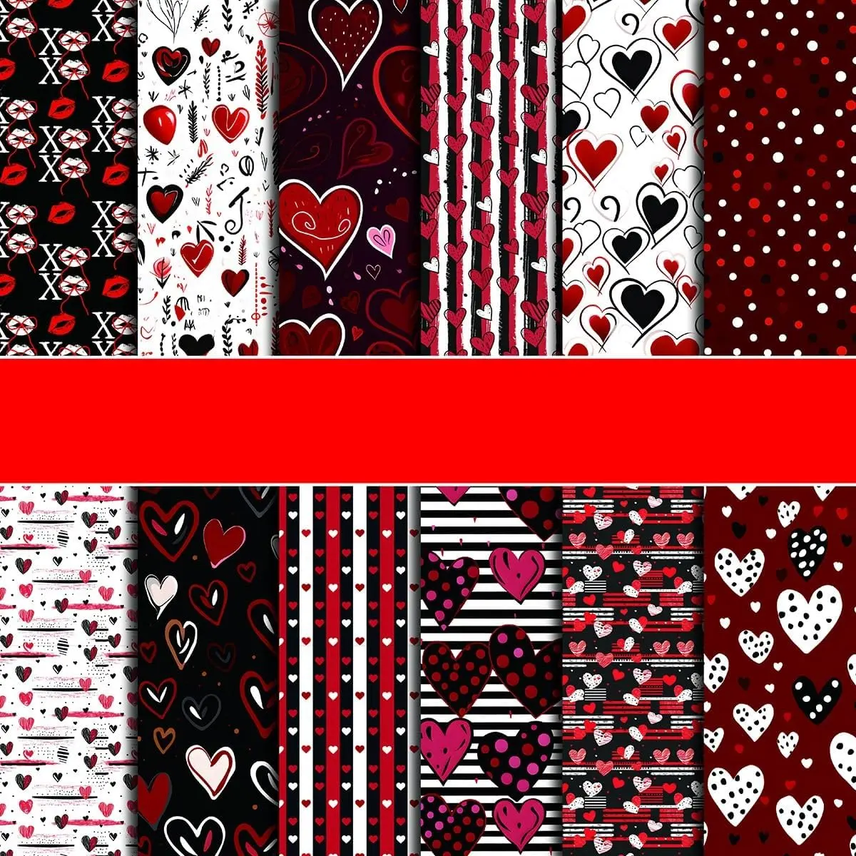 12x12 Valentine’s Day Double-Sided Craft Scrapbook Paper Pack, Red Black Heart-Patterned Modern Paper, 24 Sheets for DIY Scrapbooking, Card Making