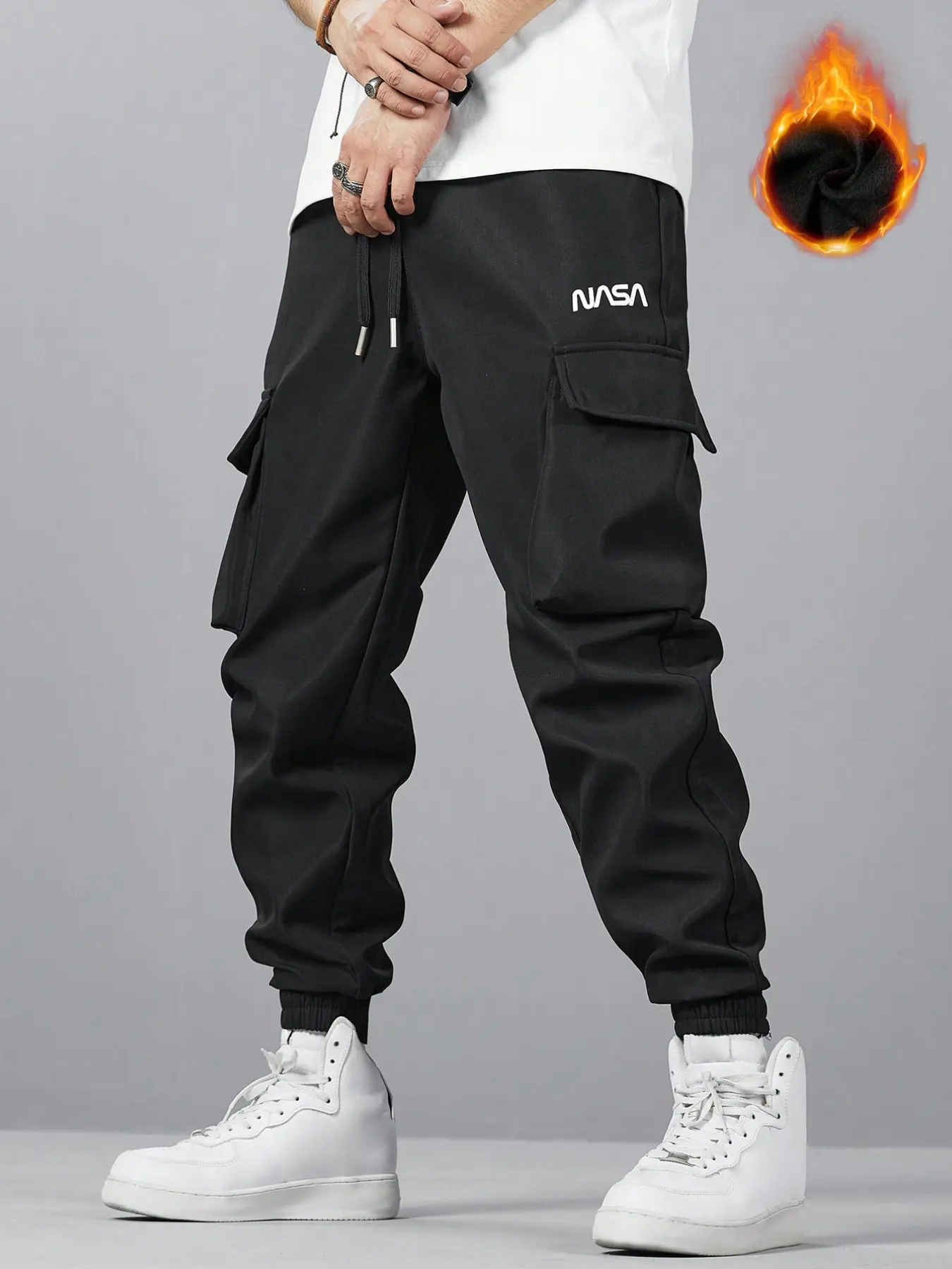 Men's Trendy Nasa Print Fleece Work Pants, Multi-Pocket Ankle Fall Winter Warm Streetwear Long Pants, Casual Daily Wear Unisex