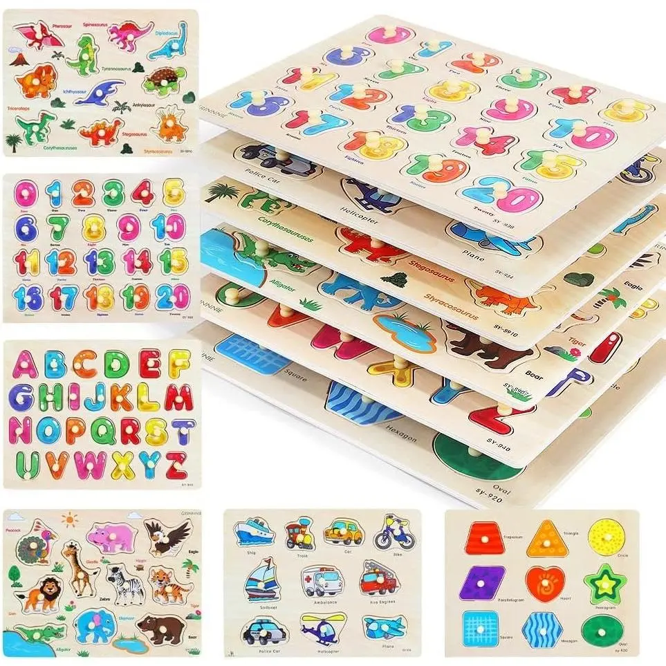 Wooden Peg Puzzle for Toddlers, 6 Pack Toddler Puzzles Set for 3 4 5 Years Old (Alphabet Number Shape Animal Dinosaur Vehicle), Preschool Education Learning Puzzle Toys for Girls and Boys