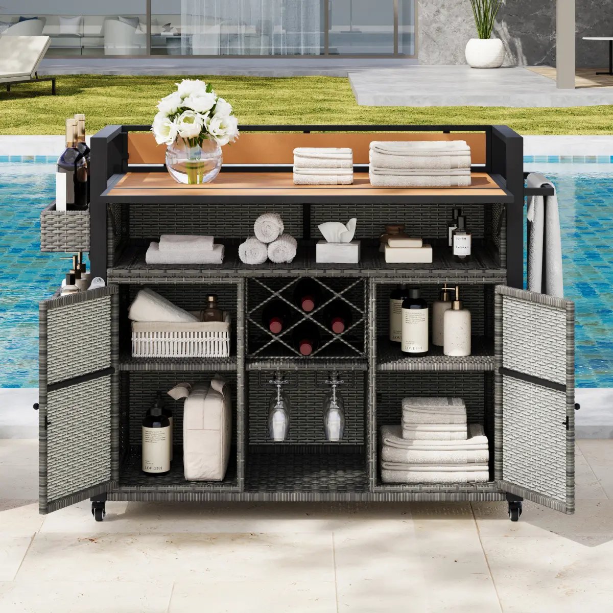 52.8"W Wicker Outdoor Grill Cart with Extended Plastic Wood Table Top, Rolling Kitchen Island on Wheels with Storage Cabinet, for Patio Backyard Garden Poolside, Double Handle Design