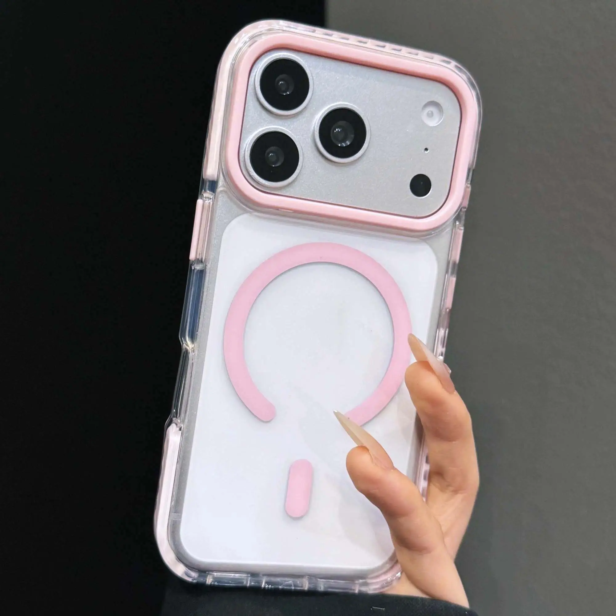 Pink Color Frame Magnetic Phone Case - Transparent Protective Cover With Raised Camera Bezel For iPhone 17 16 15 14 13 Pro Pro Max Plus Mini Cute Aesthetic Daily Wear