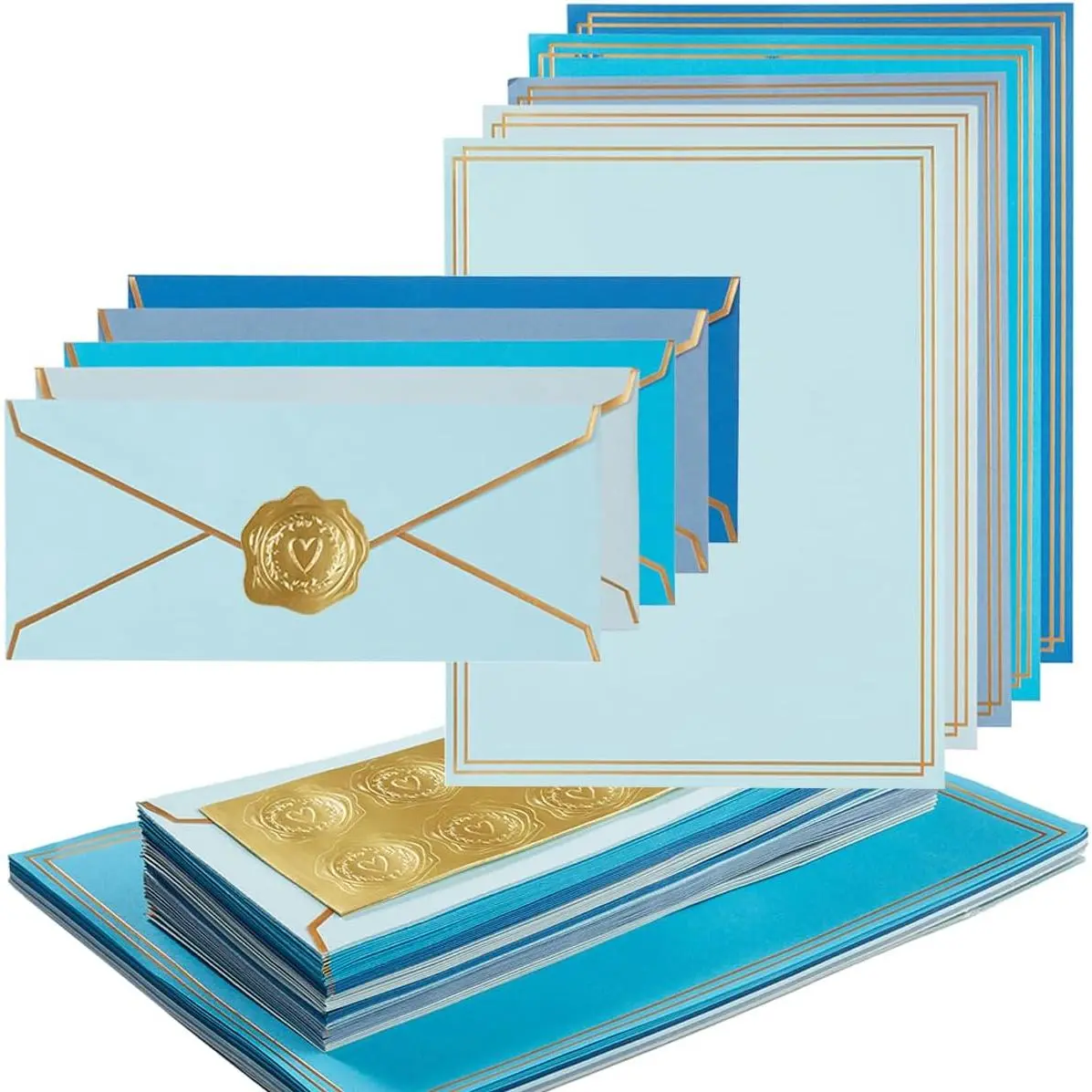 50 Pack 5 Colors Stationery Set with Envelopes, Blue, 8.5x11 Inches |  Border, #10 Business Envelopes and 8.5x11 Paper Sheets, Stickers for Letter Writing, Invitations