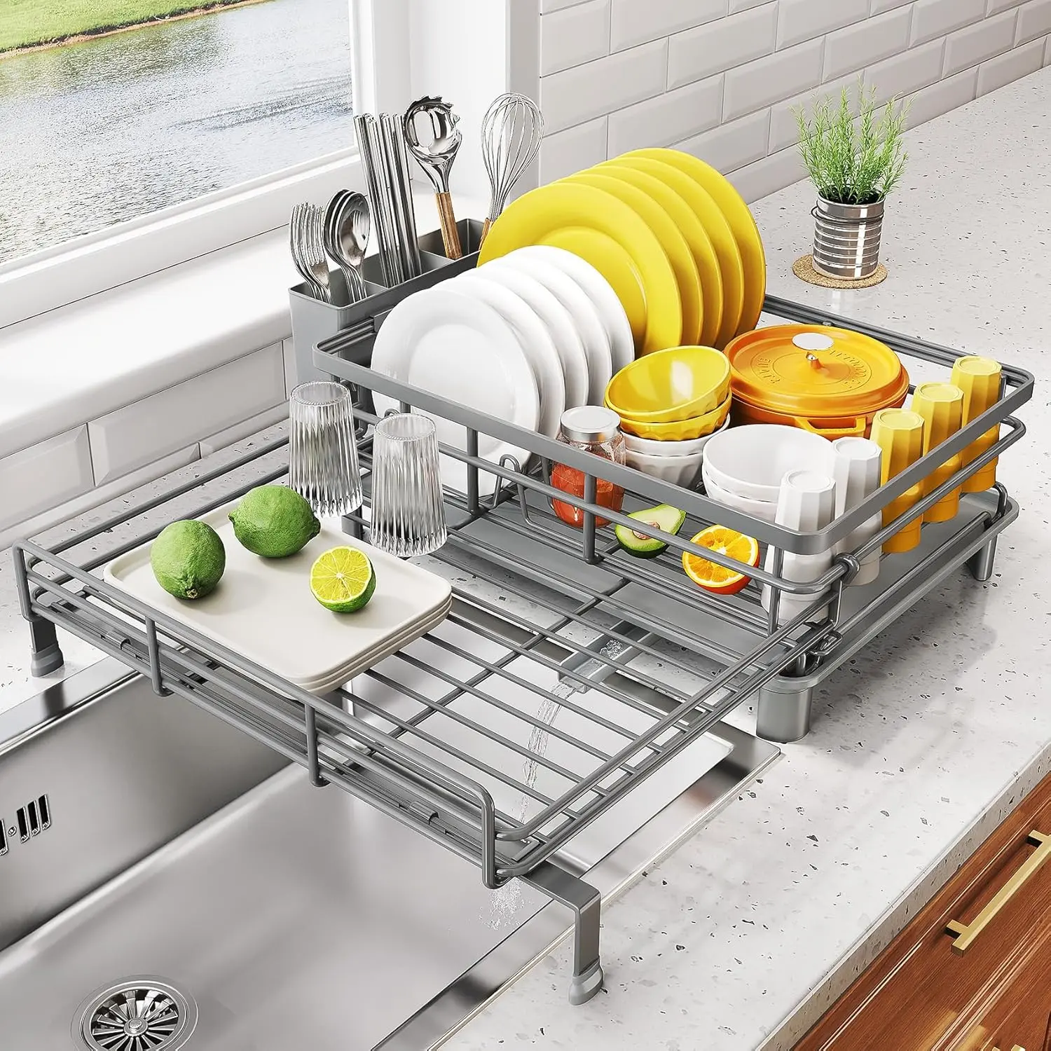 Dish Drying Rack - Extendable Dish Rack, Large Sink Drying Dish Drainer for Kitchen Counter, Stainless Steel Dish Strainer with Utensil Holder (Grey)