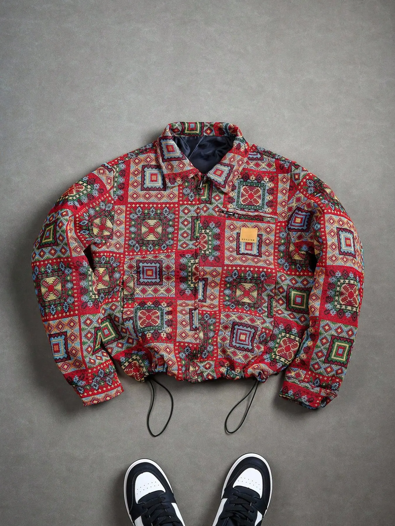 Men's Ethnic Geometric Jacquard Harrington Jacket, Lapel Zipper Drawstring Hem, Spring Fall Retro Classic Casual Coat, Unisex Daily Wear