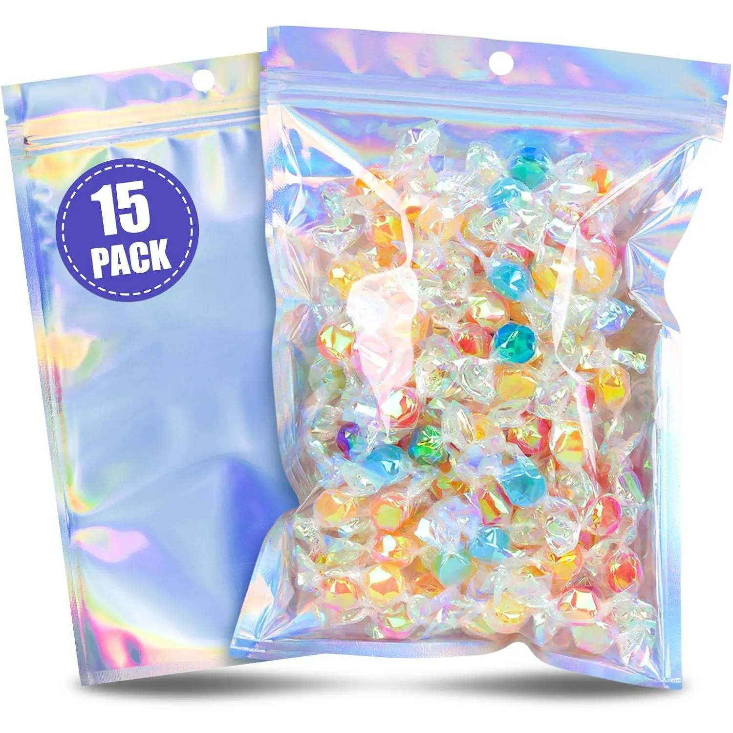 6x9 in Smell-Proof Synthetic Holographic Mylar Bags, 15-Count Resealable Iridescent Storage Bags for Party Favors