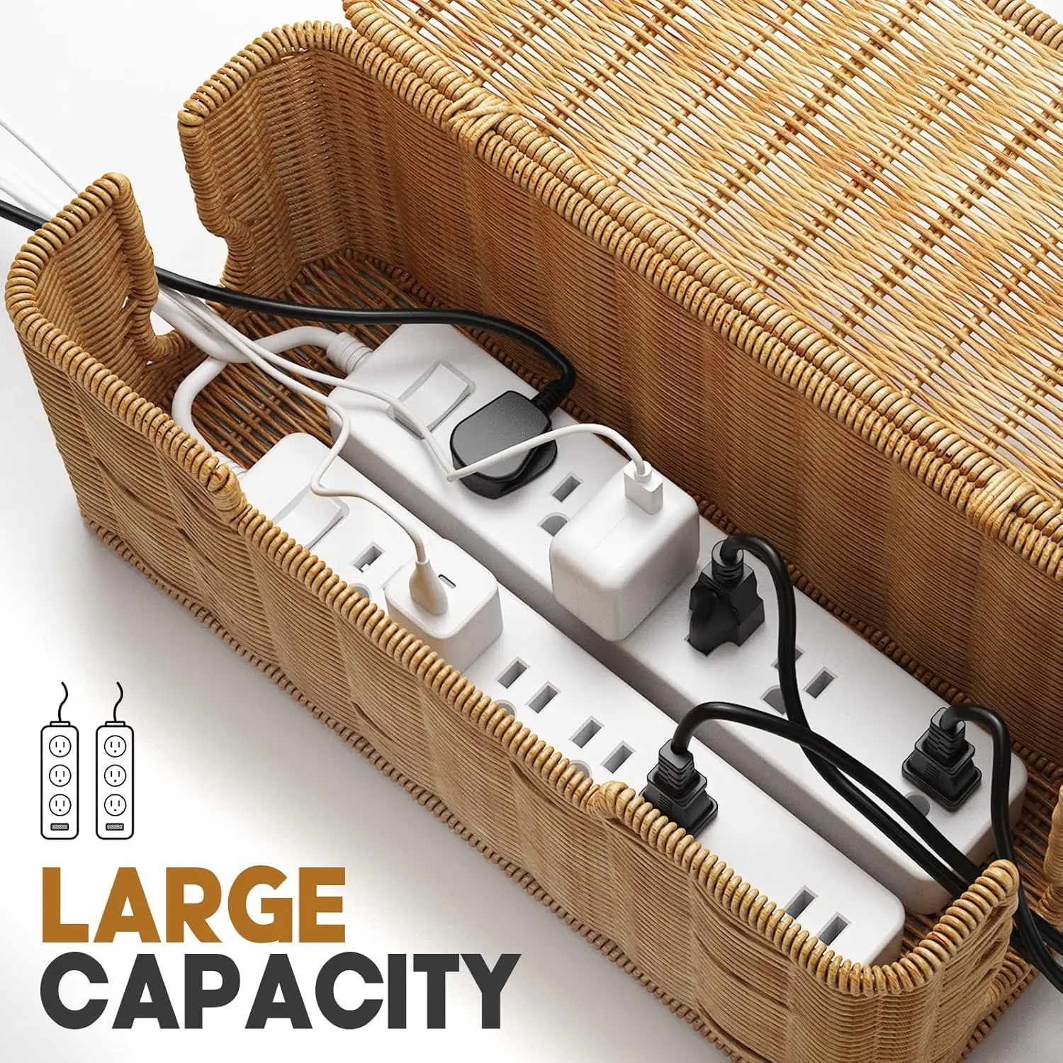 1pcs/2pcs Large Cable Management Box, Handwoven Imitation Rattan Cord Organizer Cord Hider Box, Cable Organizer Box for Desk, Cord Management Box to Hide Cords and Power Strips