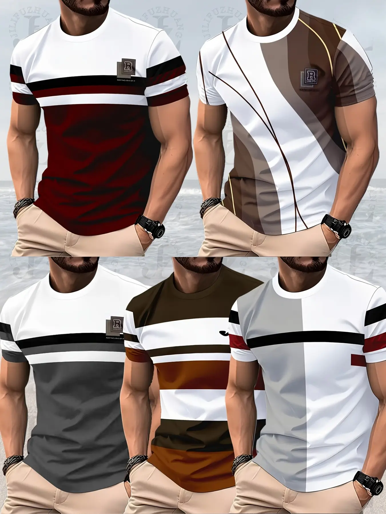 Men's Casual Fitted Long T-Shirt, Random Print Design, Youth Daily Wear, Round Neck, Gradient Color Block Pattern, Plain Surface