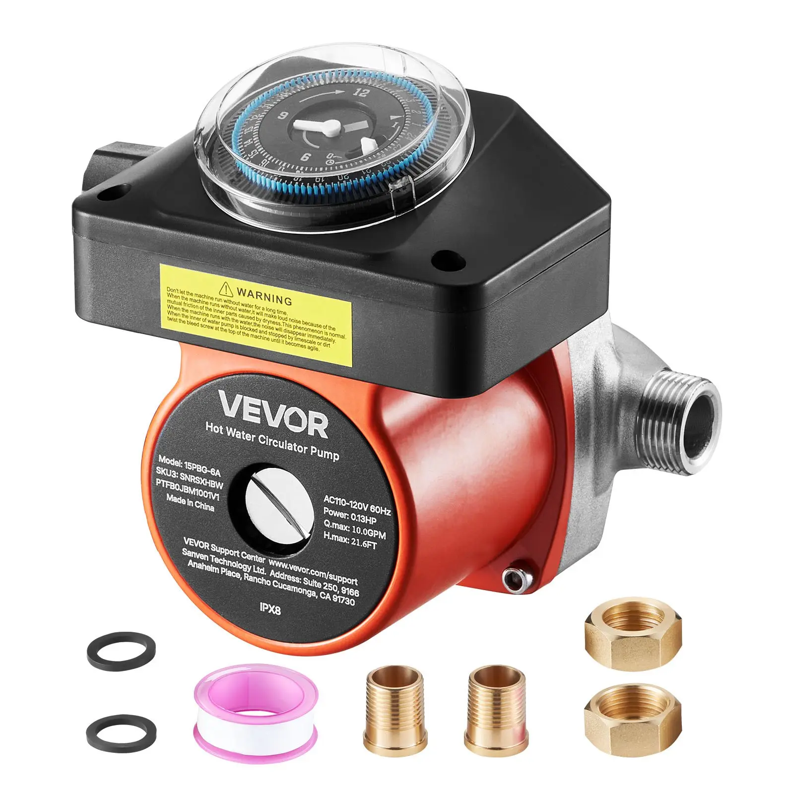 Hot Water Recirculating Pump, with Timer, 10 GPM Instant Recirculation Pump Kit, Circulation Circulator System, 0.13 HP AC 110-120V, NPT 3/4 in to NPT 1/2 in Connector, for Solar Water Heater