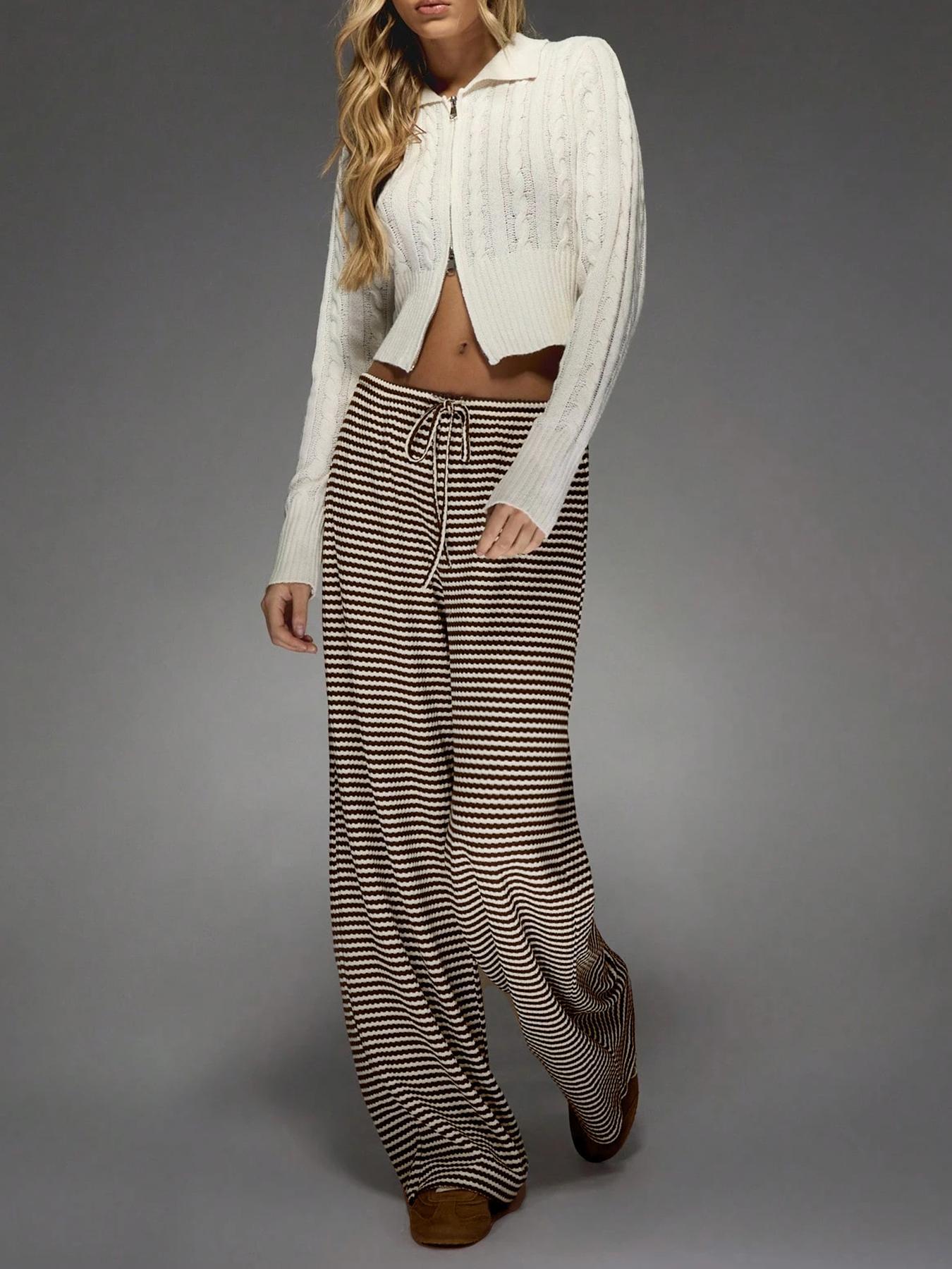 Striped Drawstring Knit Casual Wide Leg Pants, Comfortable Relaxed Fit Trousers for Everyday Wear, Perfect for Leisure Activities