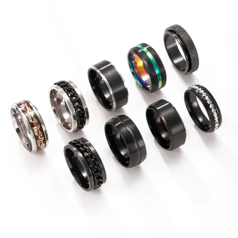 9 Pcs Mens Black Titanium Steel Ring Set, Spinner Chain Dragon Inlay Crystal Iridescent Foil Matte Plain Band Stackable Rings for Men
