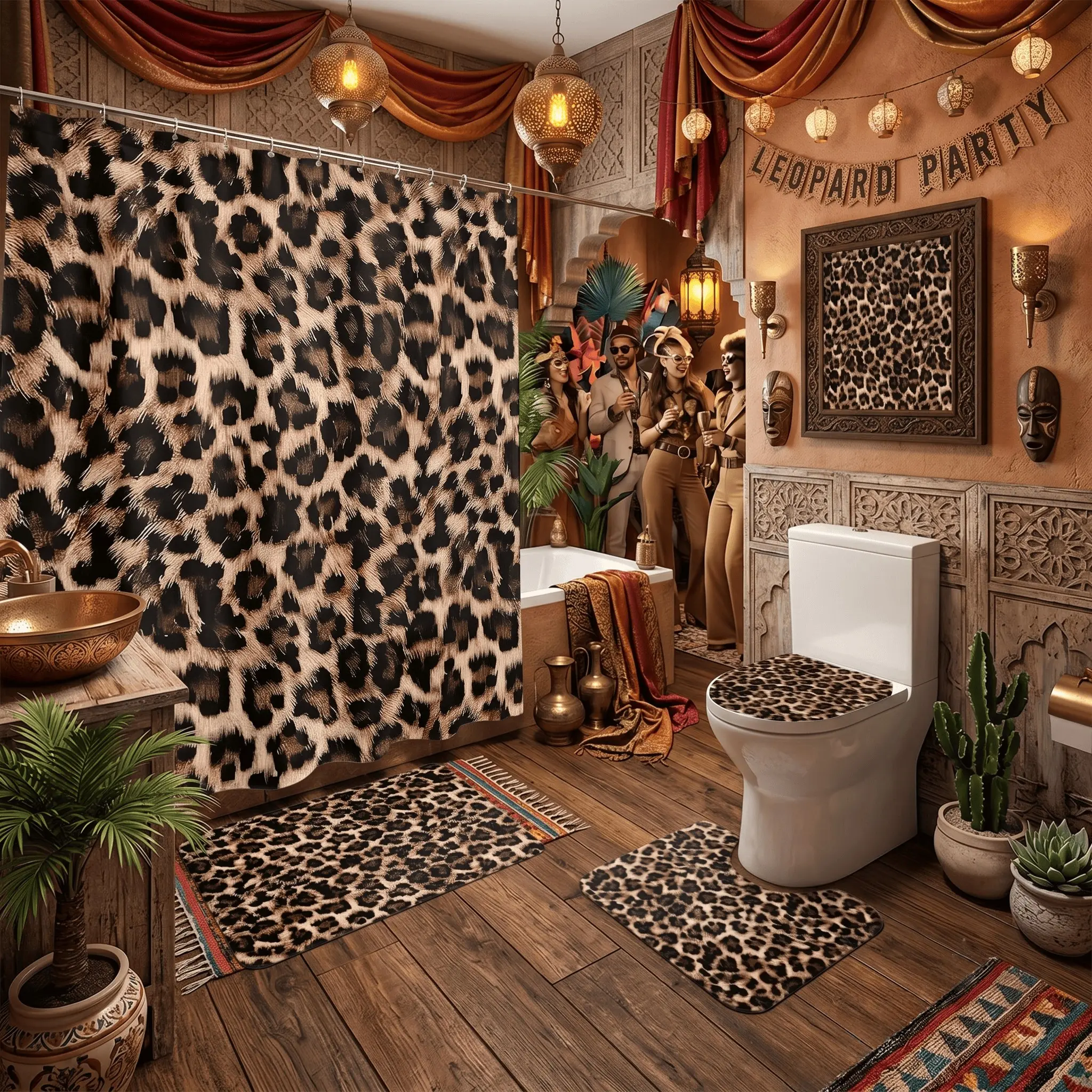 4pcs Exotic Cheetah Print Bathroom Curtain Set, Shower Curtain Set for Bathroom, Bathroom Curtains Shower, Wild Leopard Spotted Fabric Decor,The floor mat fabric is thicker and softer! Premium Hotel Quality, Luxury Housewarming Gift, Shower Curtain Sets