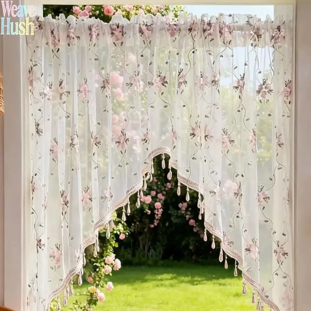 Sheer Voile Swag Valance Curtain, Cottagecore Vine Pattern Window Treatment With Scalloped Trim & Pearl Beaded Tassels, Whimsical Aesthetic Decor For Bedroom, Girl Room And Nursery