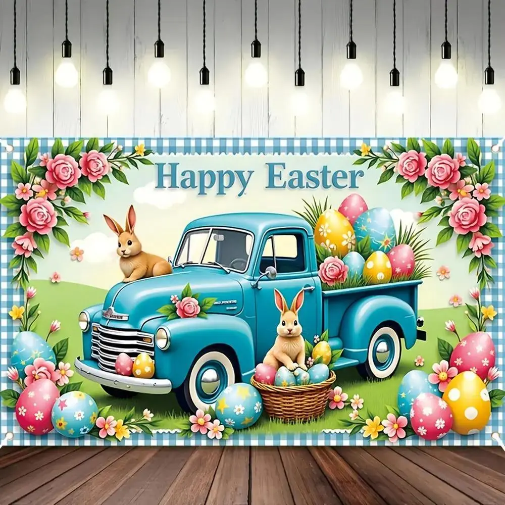 1PC Printed 2D Flat Happy Easter Backdrop Banner - Cartoon Rabbit, Colorful Eggs, Blue Truck Design, Reusable Polyester - 1-, Ideal for Indoor-Outdoor Parties, Photo Booth Decoration, Birthday Events