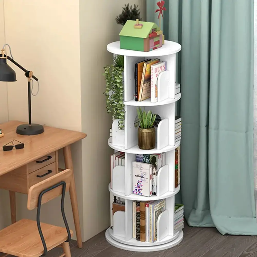 4-Tier 360° Smooth Rotating Wooden Bookshelf Tower - Home Organizer Storage Rack with Display, Back to School Haul, Clean Aesthetic, Dorm Room Ideas, Holidays, Office Inspo for Home Bedroom Furniture
