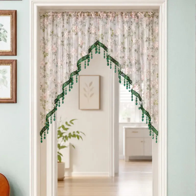 No-Drill French Floral Door Curtain, Luxury Lace Curtain with Hanging Crystal Beads, Rod Not Included, Elegant Room Divider for Rental Home Decoration