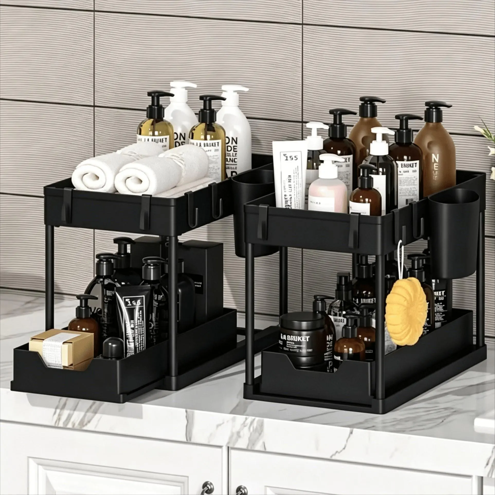 2 Tier Under Sink Organizer,1/2 Pack Pull Out Cabinet Storage Rack with Sliding Drawer,5 Side Hooks and 3 Hanging Baskets,Space Saving Bathroom Kitchen Organizer for Cleaning Supplies,Toiletries,Pantry,Laundry Room and Apartment,Black