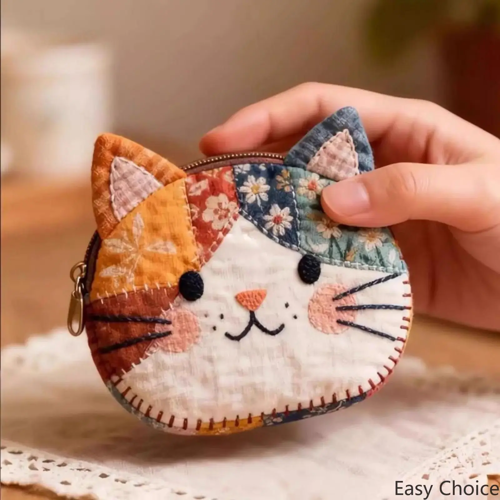 Japanese Patchwork Cat Shaped Pouch, cute cartoon design with colorful blocks. Multi-functional bag for coins, cosmetics and stationery. Stylish portable organizer ideal for students, daily use, school and travel.