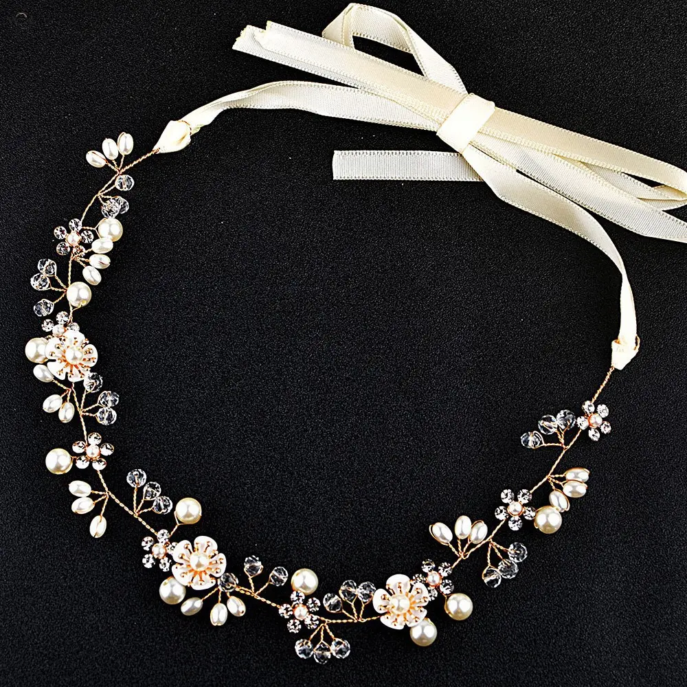Bridal Pearl Crystal Floral Vine Ribbon Headband - 2 Colors, 14-Inch Handmade Wire Tiara, Boho Bride Hair Accessory for Wedding, Prom Gift