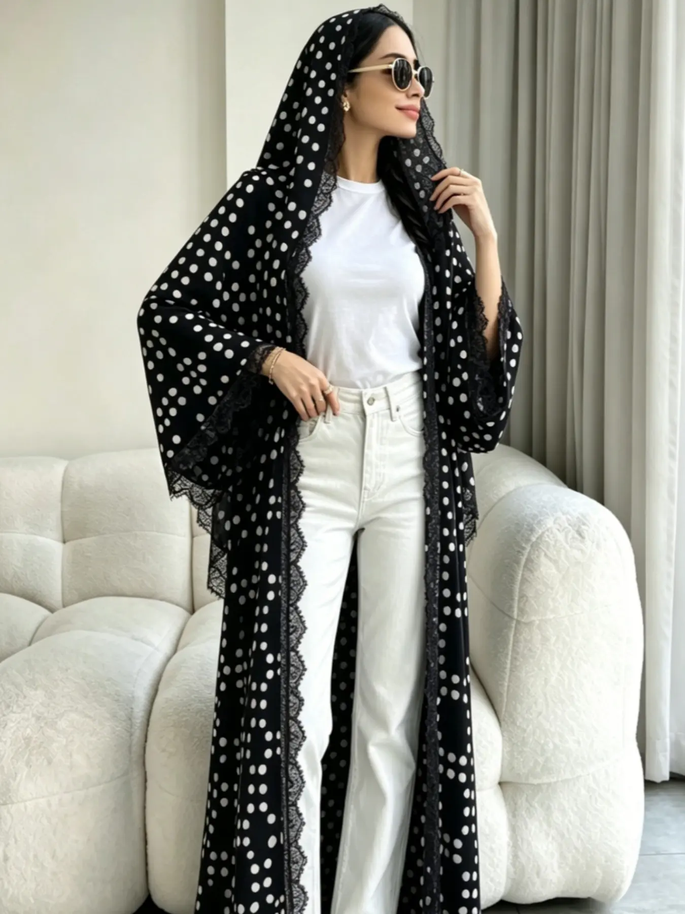 Two-Piece Set Hijab + Open Abaya, Dubai Islamic Muslim Moderate Floral Print Cardigan Headscarf, Suitable for Daily Wear by Women
