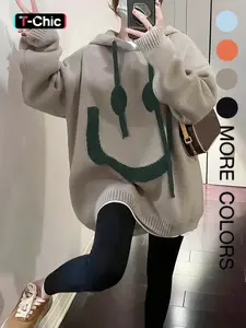 Women's Cartoon Face Print Drop Shoulder Hooded Knitted Sweater, Fashion Casual Long Sleeve Drawstring Hooded Sweater for Daily Holiday Outdoor Wear, Women Knitwear for Fall & Winter, Sweaters for Women