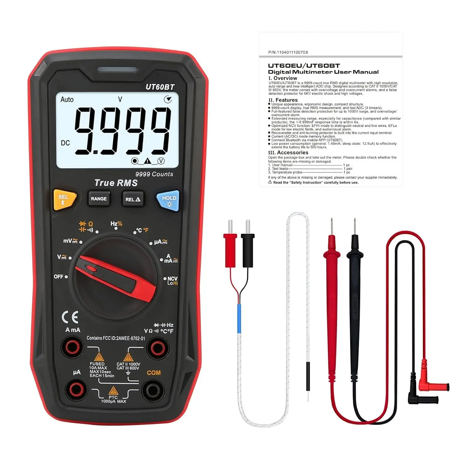 Multimeter Tester True RMS UT60BT Temperature Measurement,NCV,Duty Cycle,Diode Test,Digital Voltmeter & Ohm Meter, Multimeter 1000V for Electrical Troubleshooting