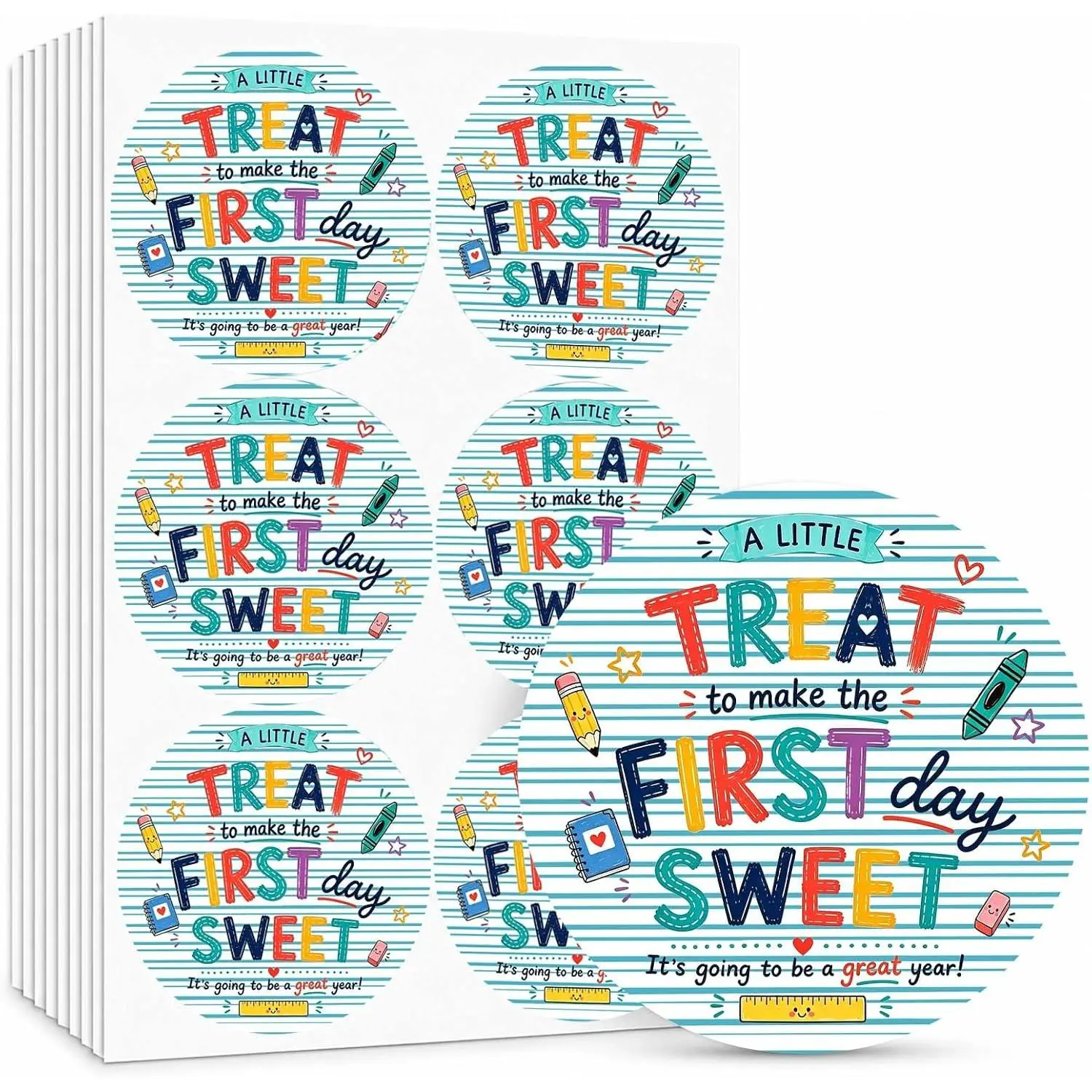 Synthetic Round Shape Sweet Theme School Stickers, 60-Count Labeling Sticker Labels for Teacher-Student Gifts, Classroom Bags, School Party Favors
