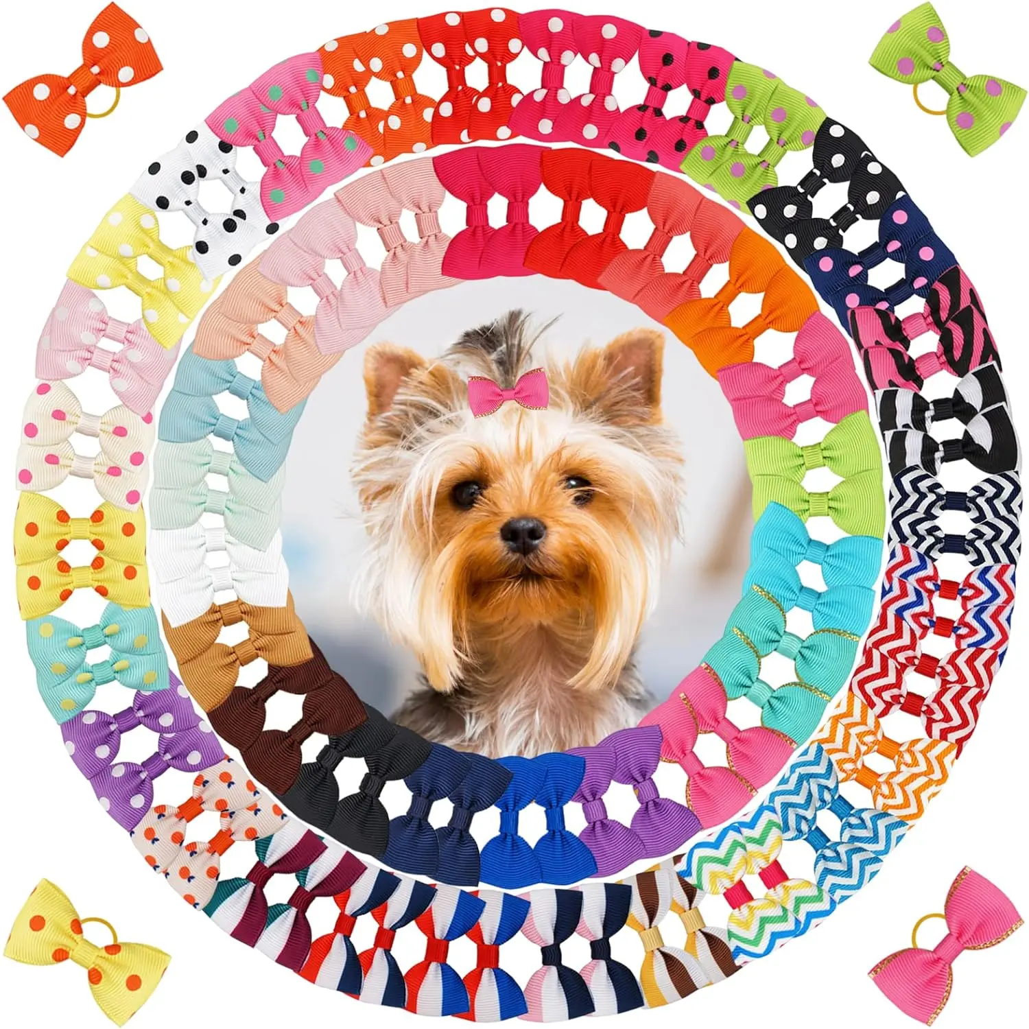 100 count Dog Bows, Cute Dog Hair Bows Yorkie Puppy Bows with Rubber Band Pet Grooming Bows Colored Polka Dot Dog Hair Accessories for Small Dog - 50 Pairs