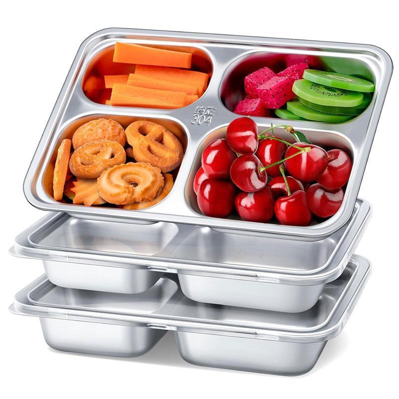 Stainless Steel Snack Container, 3 Counts/set Multi-grid Lunch Box with Lid, Reusable Adult Lunch Container for Home Travel