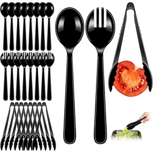 24 Pcs Black Plastic Serving Utensils Set - Heavy Duty Disposable Serving Spoons, Forks & Tongs (8 of Each) - BPA-Free Catering Supplies for Buffets, Parties, Weddings & Events (9 Inch)
