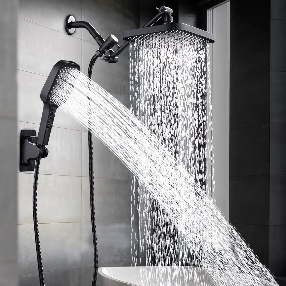 Square Shower Head Set, High-Pressure Shower Spray, 11-Inch Extendable Arm, Faucet Divider, 4-Button Handheld Showerhead, Home & Hotel Use, Shower Extension Arm