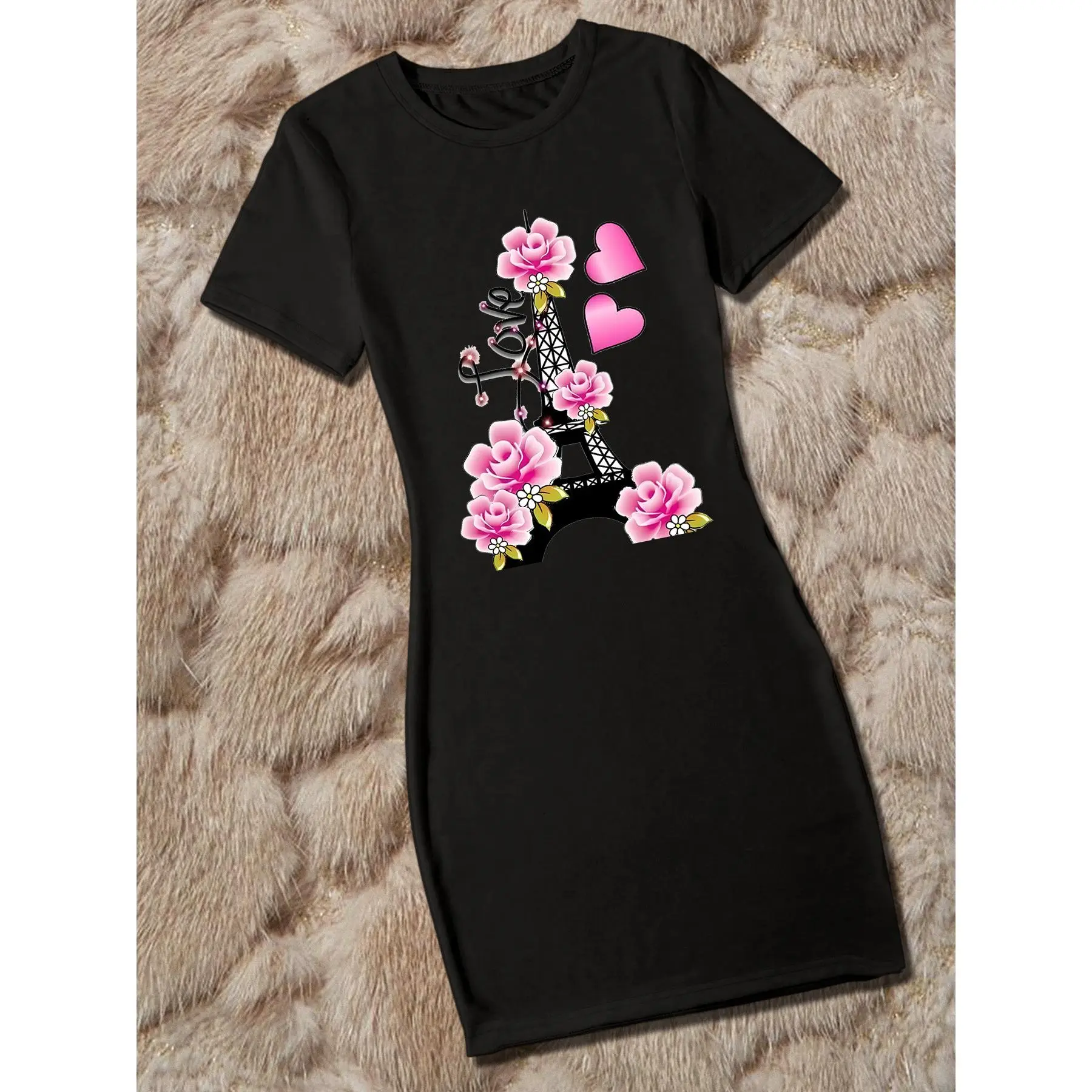 Women's Short-Sleeve Round-Neck Bodycon Dress - Romantic Heart & Love Letter Print Casual Elegant Short Dress, Machine-Washable - Dress for Valentine's Day, Date Nights & Casual Attire (No Padding) - Comfortable Stretch Fit