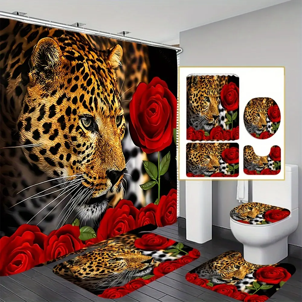 4 Cheetah Rose Set, Decorative Bathroom Combination Including Shower Curtain, Non-Slip Floor Mat, Toilet Cover, Bathroom Mat and 12 Hooks, Ideal for Bathroom Accessories and Home Decor