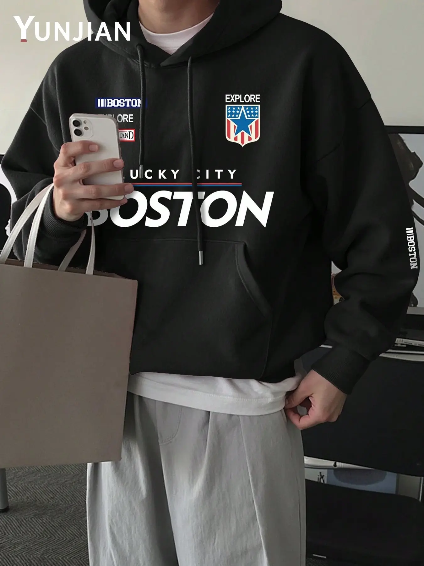 Men's Loose-Fit Graphic Hoodie, Boston City Letters & American Star Emblem Print, Soft Warm Retro College Streetwear, Fall Winter Daily Wear