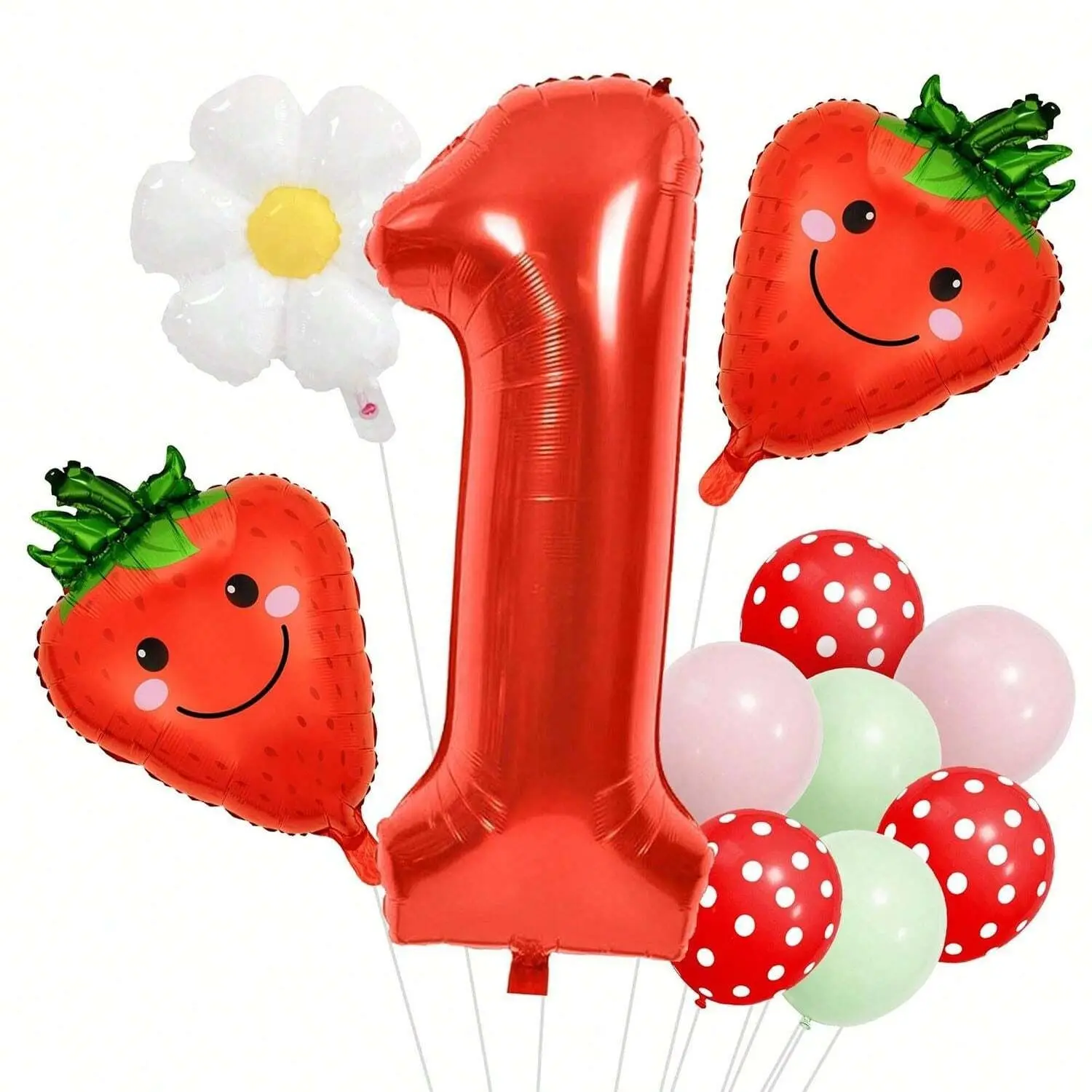 14-Piece Strawberry Theme Number Aluminum Foil Balloon Bouquet Set, Smiley Strawberries and Flower Balloons, Perfect for Girl's Birthday Party Celebration