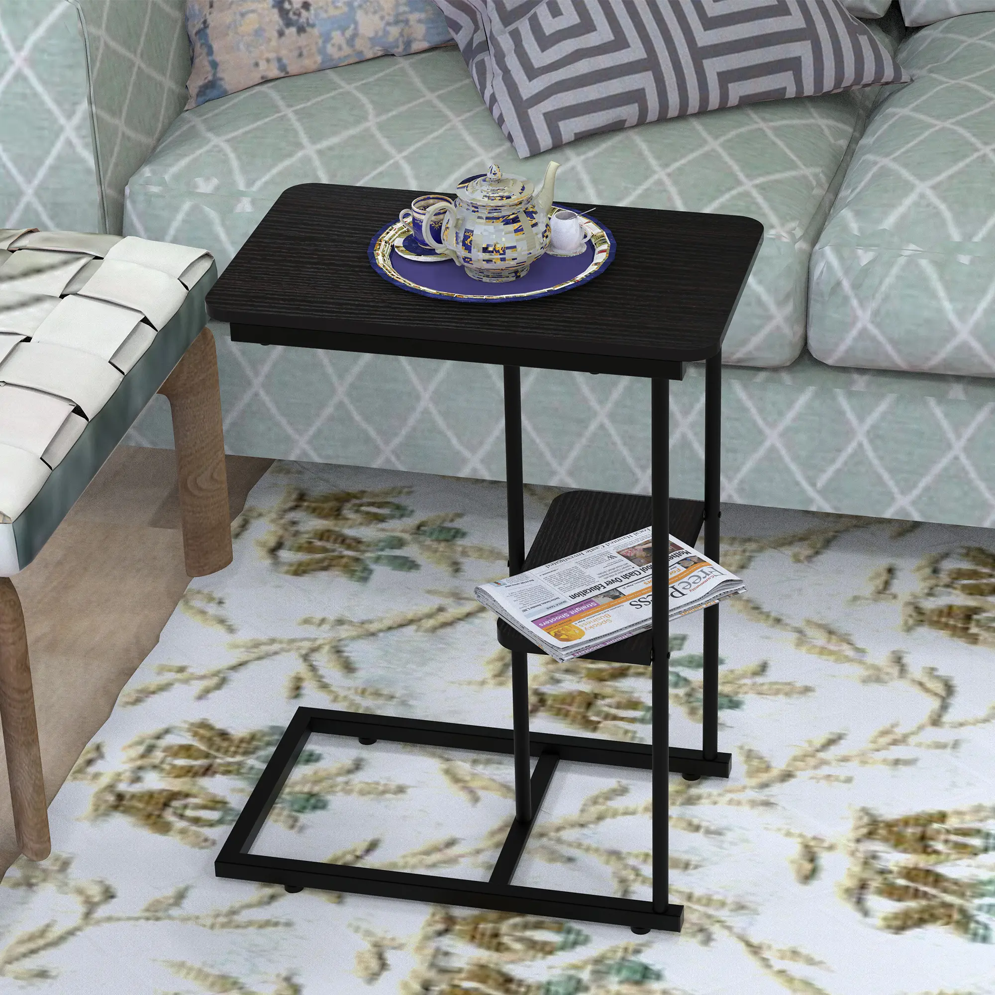 ARCH Foldable C Side Table with Storage Basket, Portable Laptop Holder Snack Table, Small Sofa Side End Table for Living Room Bedroom, Metal Frame Black Brown Wood Look Accent Table, Easy to Store, Black Brown Color Options, Metal Material