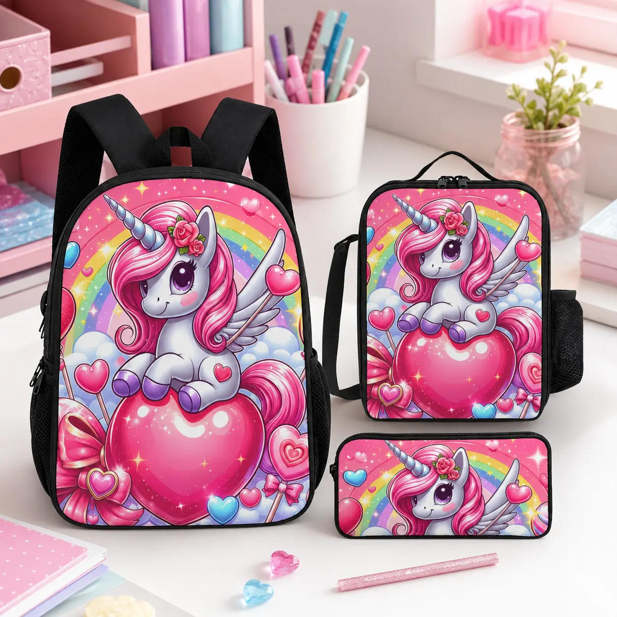 Unicorn 3-Piece School Backpack Set with Lunch Bag and Pencil Case, 17 in Pink Rainbow Bookbag for Girls, Students, Travel & Daily Use