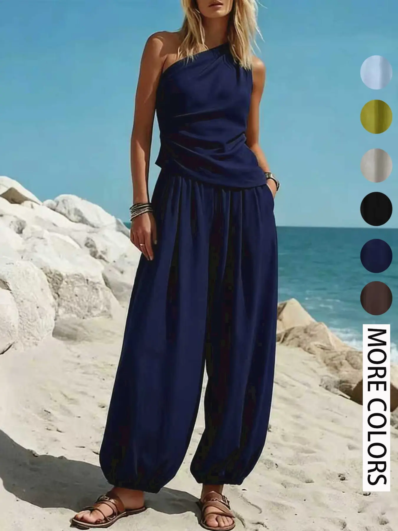 Summer New European and American Cross-Border Casual Simple Style Solid Color Sleeveless Tank Top and High-Waisted Long Pants with Pockets Set for Women