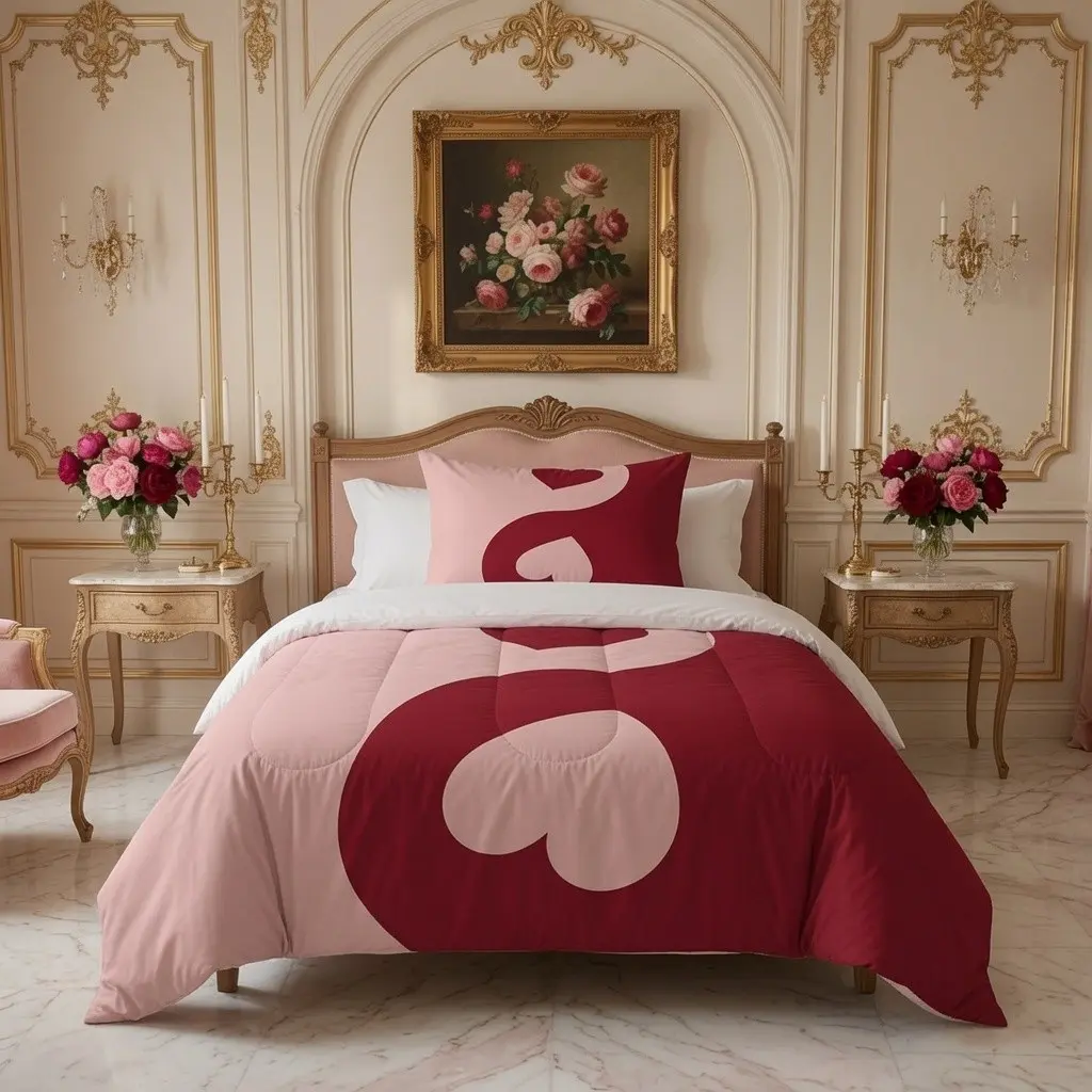 2/3pcs Coquette Valentine Yin-Yang Heart Comforter Set, 1 Quilt + 1/2 Pillowcases Without Pillow Inserts, Single Sided Print Bedding, Decor for Bedroom Dorm, Romantic Couple Gift