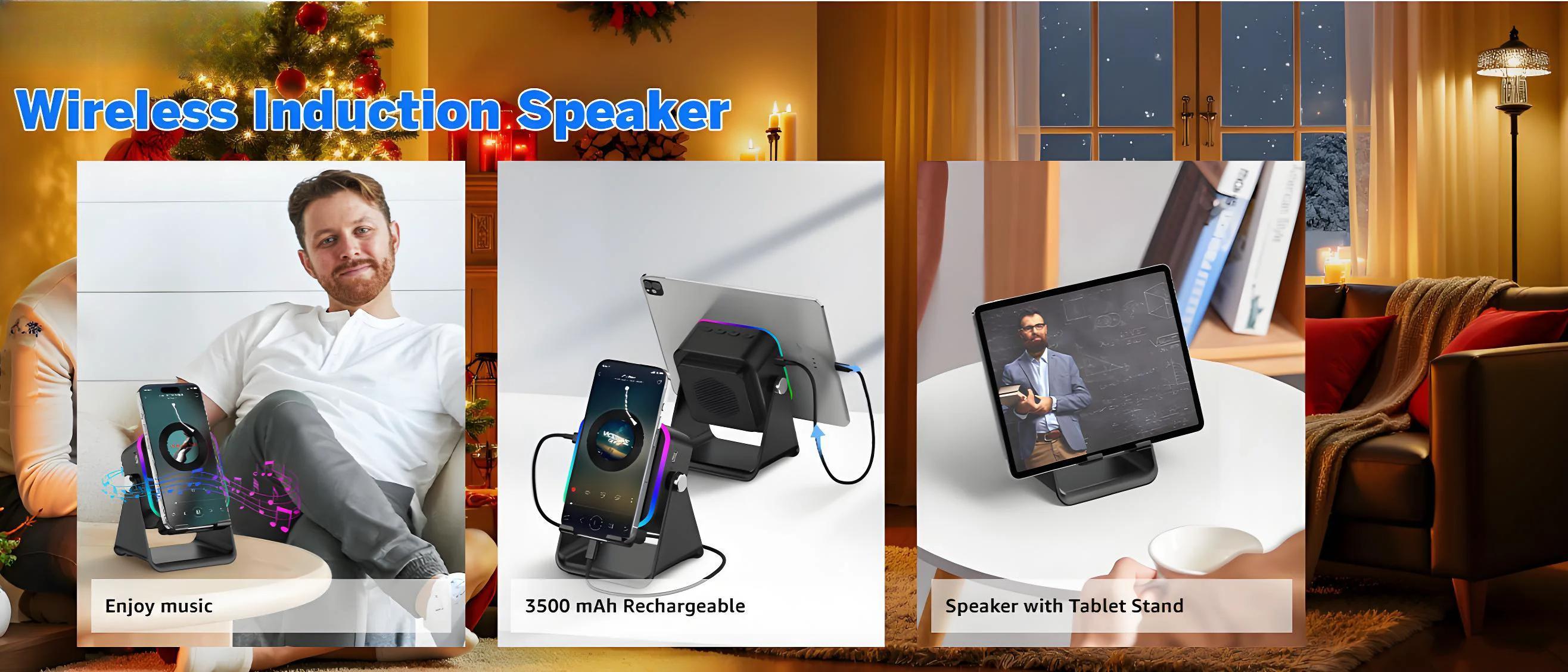 Premium New 5in1 Wireless Induction Audio Speaker Phone Stand Rechargeable Emergency Power Bank 360° Adjustable Mobile Tablet Stand