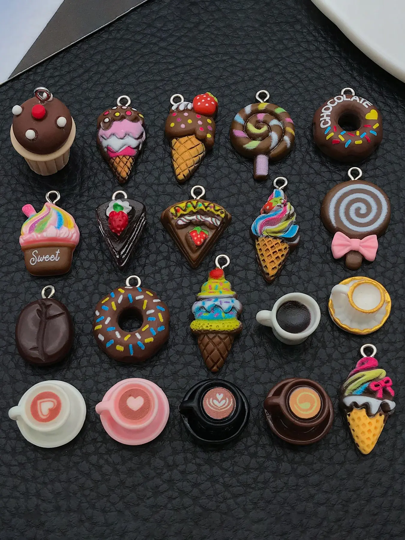 20pcs Mini Sweet Dessert Resin Charms, Chocolate Donut Ice Cream Coffee Cup Cake Lollipop Pendants For DIY Jewelry Making Supplies, Charms For Crafts