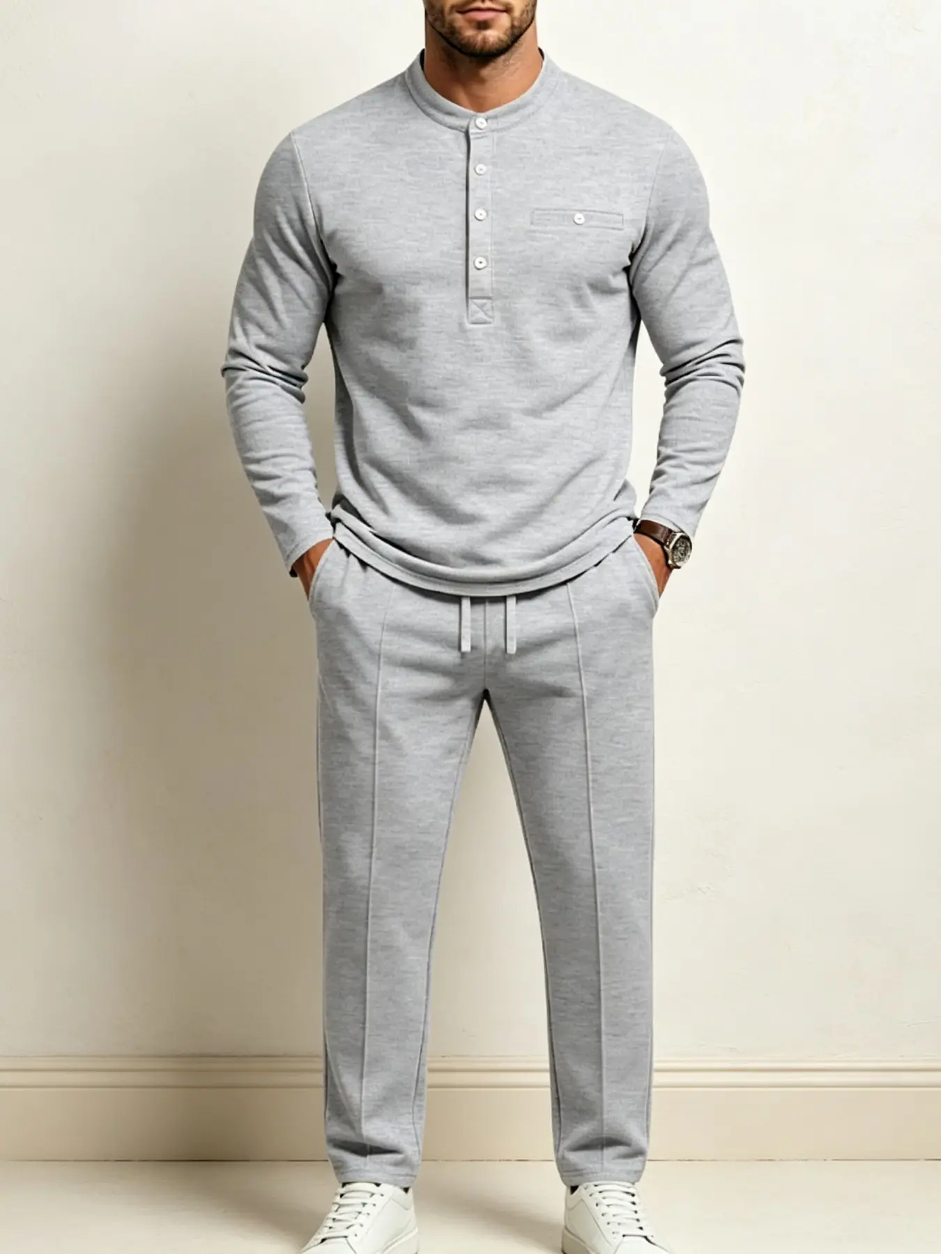 Men's Minimalist 2-Piece Casual Matching Set, Heavyweight Mandarin Collar Henley Long Sleeve Top & Elastic Drawstring Straight Leg Sweatpants, Soft Vintage Wrinkle Resistant Daily Loungewear Outfit, 8 Colors & Plus Sizes Available S-3XL In Stock