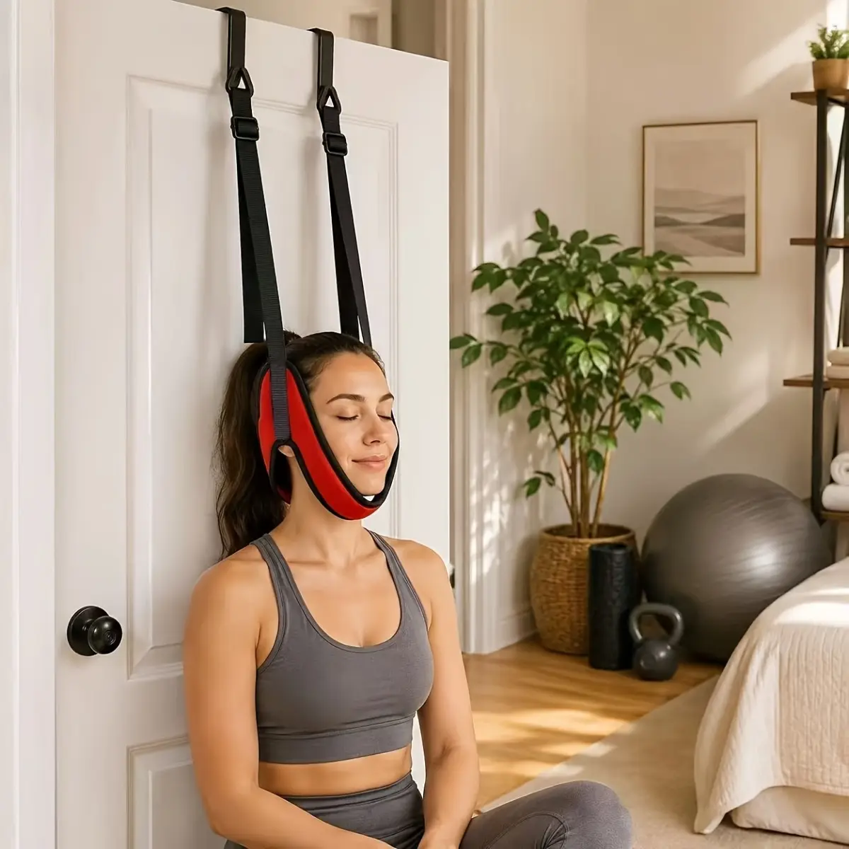 330lb Capacity Upgraded Over Door Neck Stretcher, Cervical Traction Fitness Device with Thick Breathable Neck Support, Adjustable Hanging Neck Stretch Tool for Home Training, Comfortable Daily Relaxation and Support Equipment