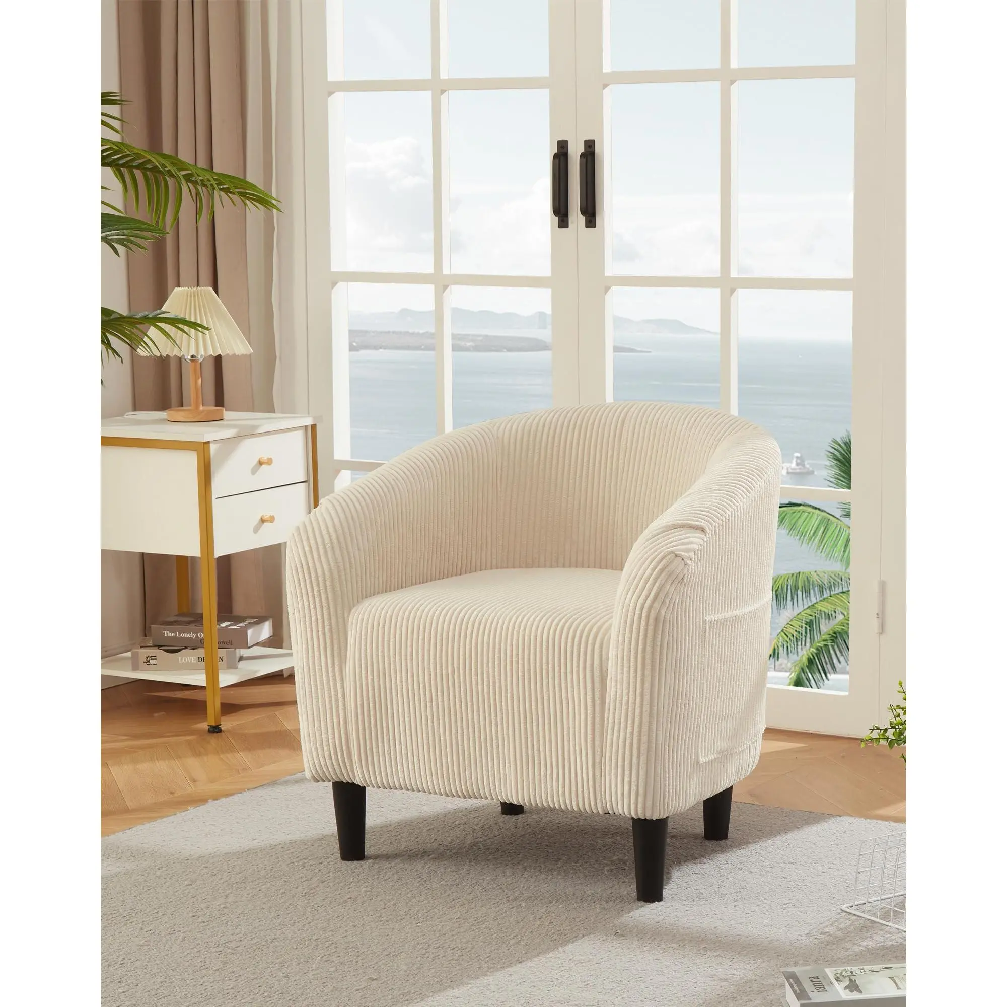 Modern Boucle Barrel Accent Chair with Side Pocket, Sherpa Upholstered Club Chair, Ergonomic Wraparound Back, Lightweight 28lbs, Easy Assembly Reading Chair for Living Room Bedroom Office, Beige Navy Green