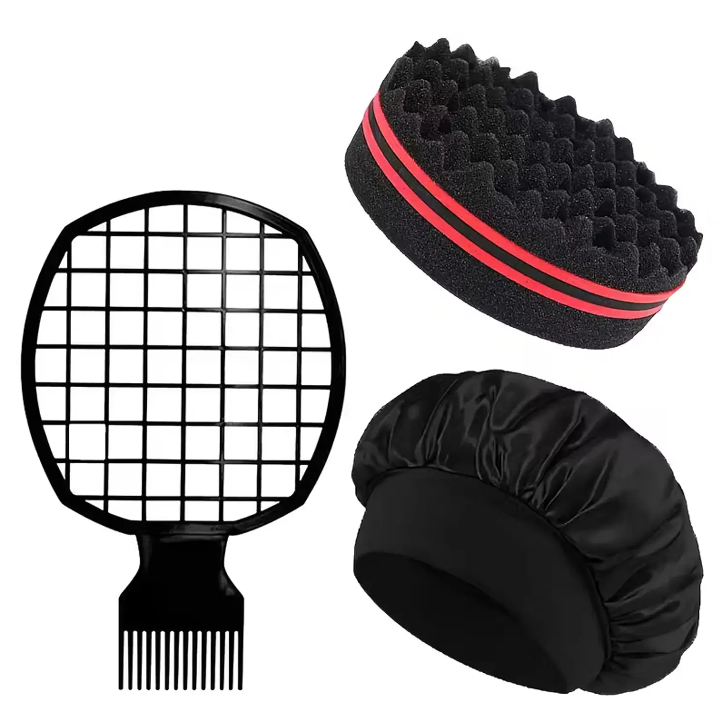 3pcs African American hair styling set, heatless styling tools, curling sponge brush, African style mesh comb, and satin sleep cap, perfect for home and hair salon use