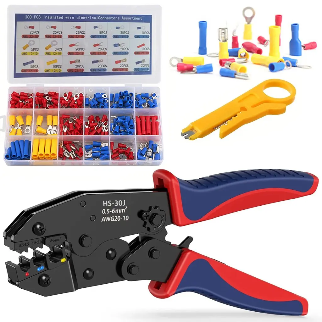 Crimping Tool For Heat Shrink Connectors & 300PCS Wire Terminals Connectors,-AWG 20-10 Ratchet Wire Terminal Crimper-Ratcheting Crimper Tools-Available For Insulated Nylon Connectors and Electrical Wire Connectors, DIY Projects, Hand Tools, Repair