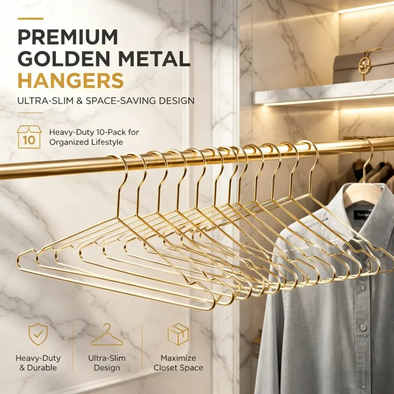 Ultra Slim Golden Wire Metal Hangers 10 Count Heavy Duty Space Maximizing Closet Organizer Durable Anti Deform Clothing Hangers
