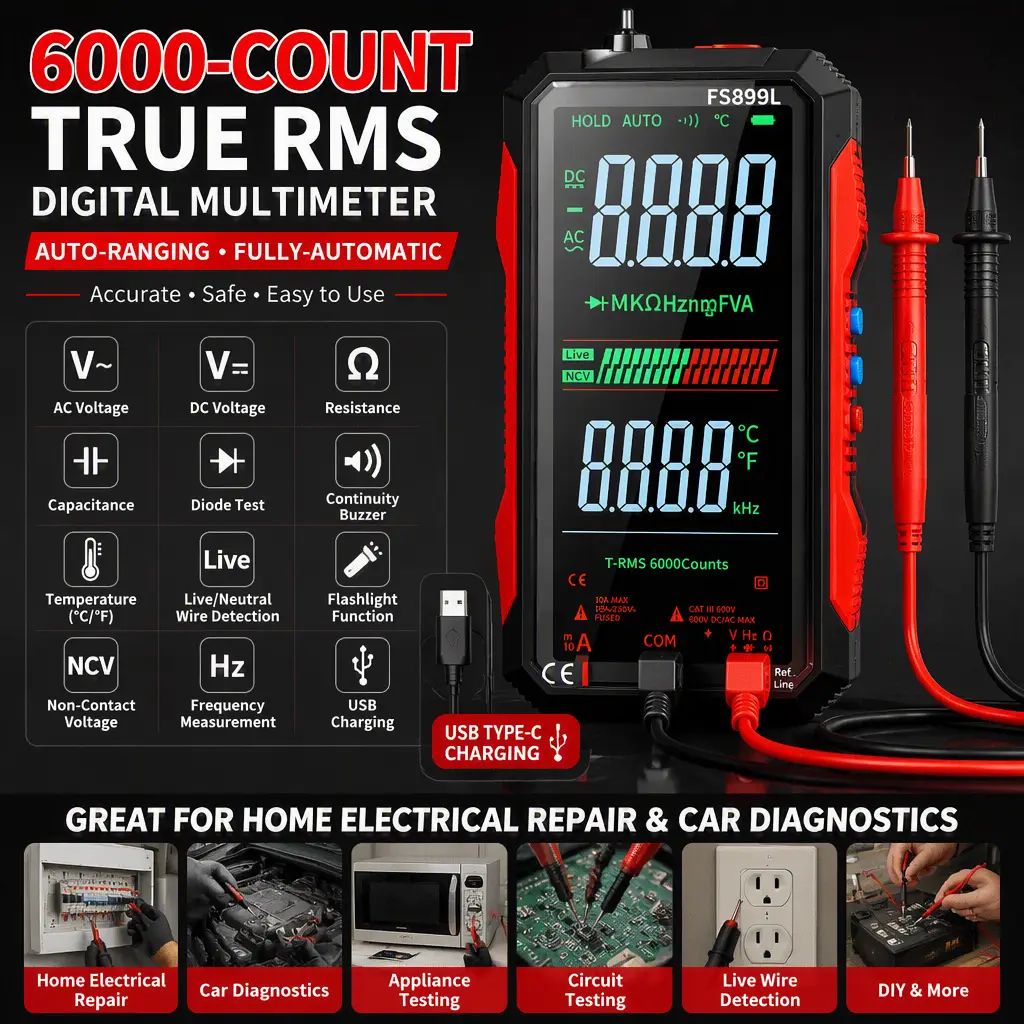 6000‑Count True RMS Digital Multimeter, Auto‑Ranging Fully‑Automatic Tester, Great for Home Electrical Repair & Car Diagnostics