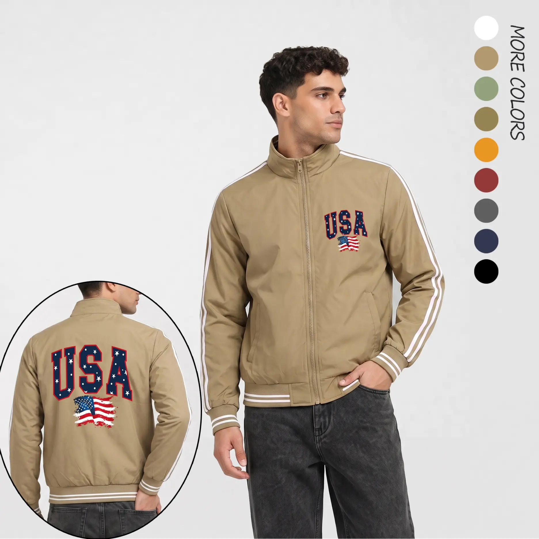 Men’s American Flag Print Lightweight Flight Jacket – Casual Bomber Jacket with USA Chest Logo, Back Flag Graphic, Ribbed Trim Streetwear Style