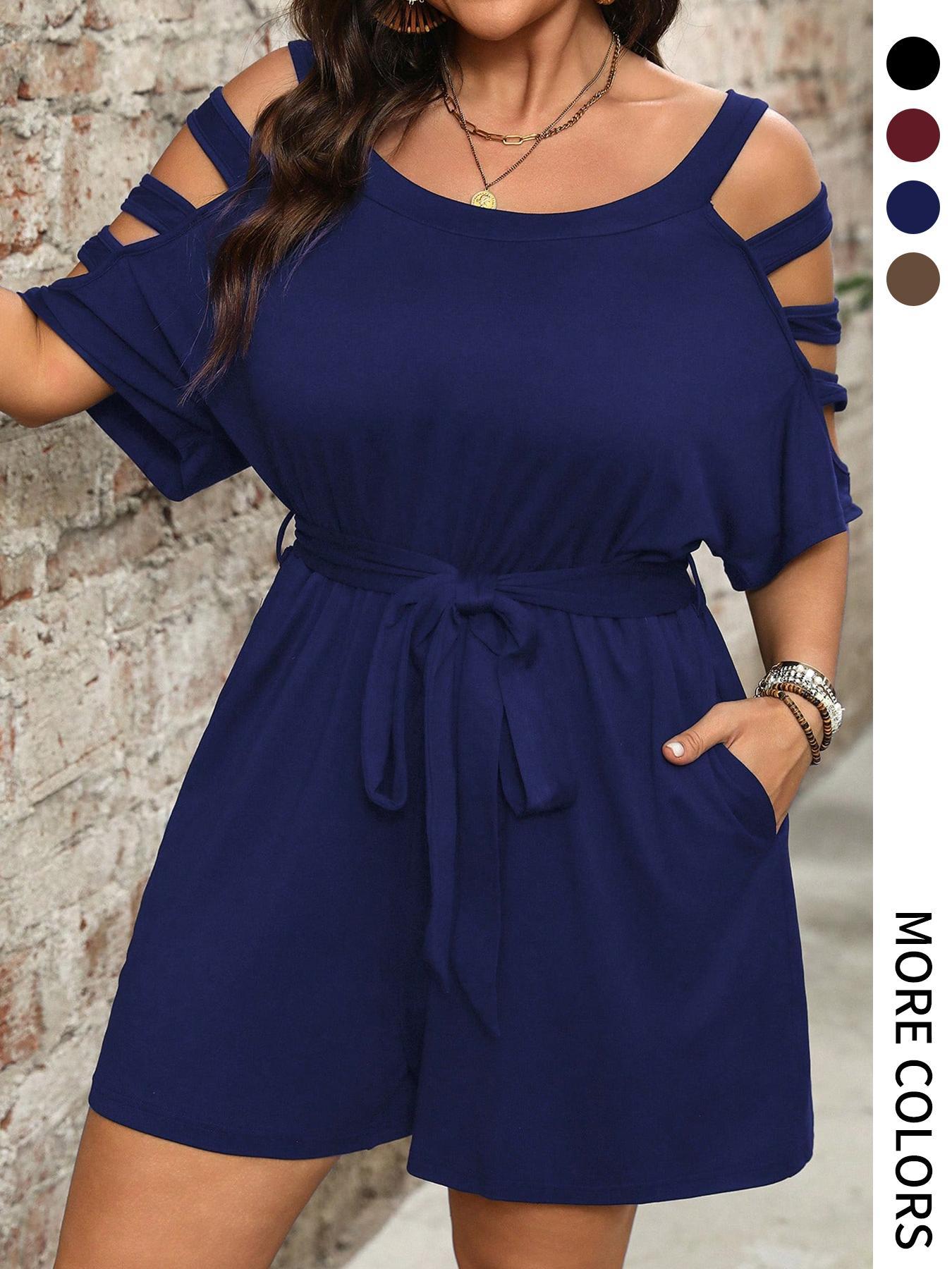 【Plus Size】 Solid Color Basic Romper, Casual Pocket Romper for Summer, Women's Clothes for Daily Wear