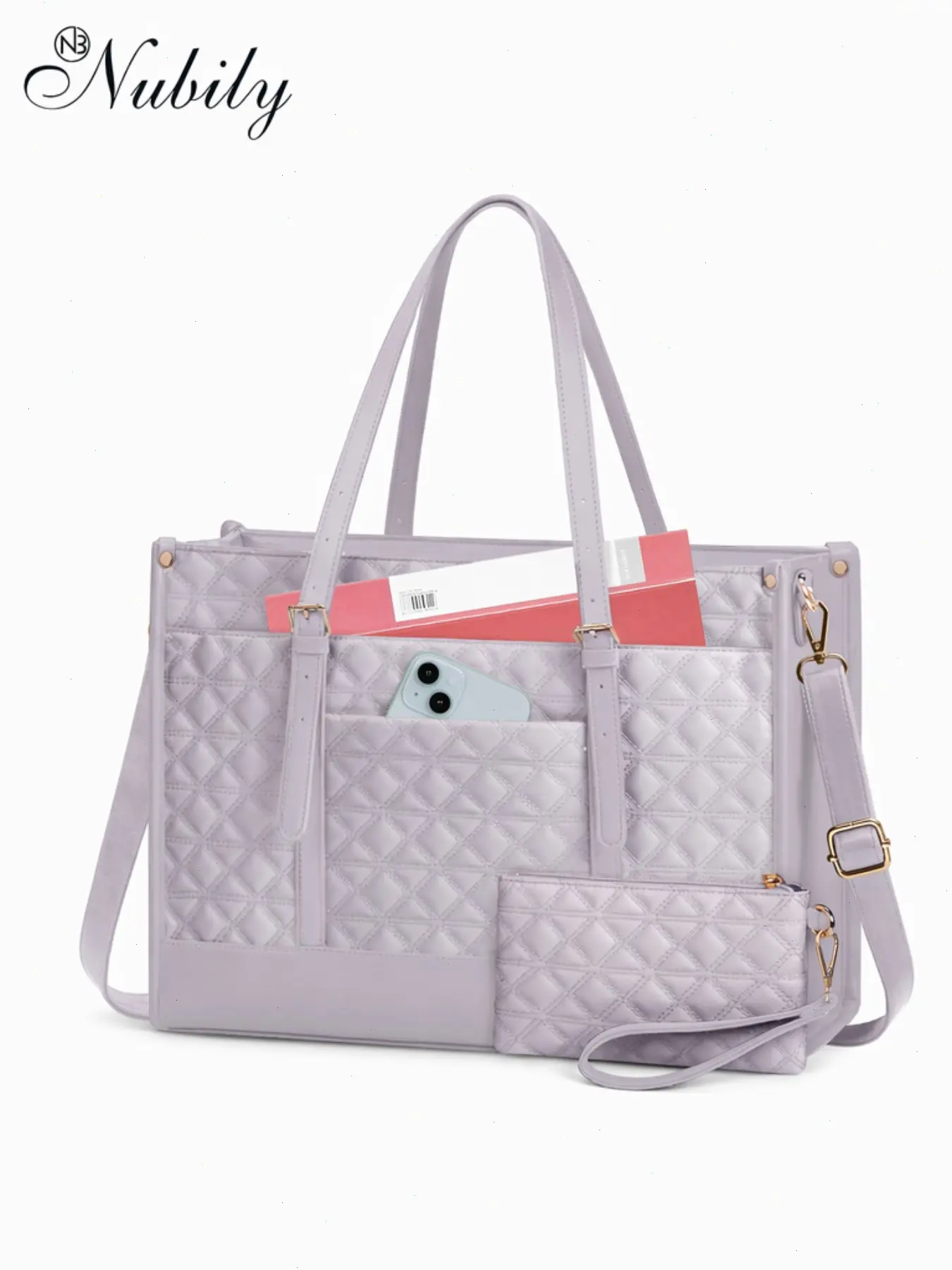 Laptop Bag for Women 15.6 Inch, Vegan Leather Work Tote Bag, Quilted Womens Briefcase, Designer Laptop Bags, Cute Computer Bag with Purse